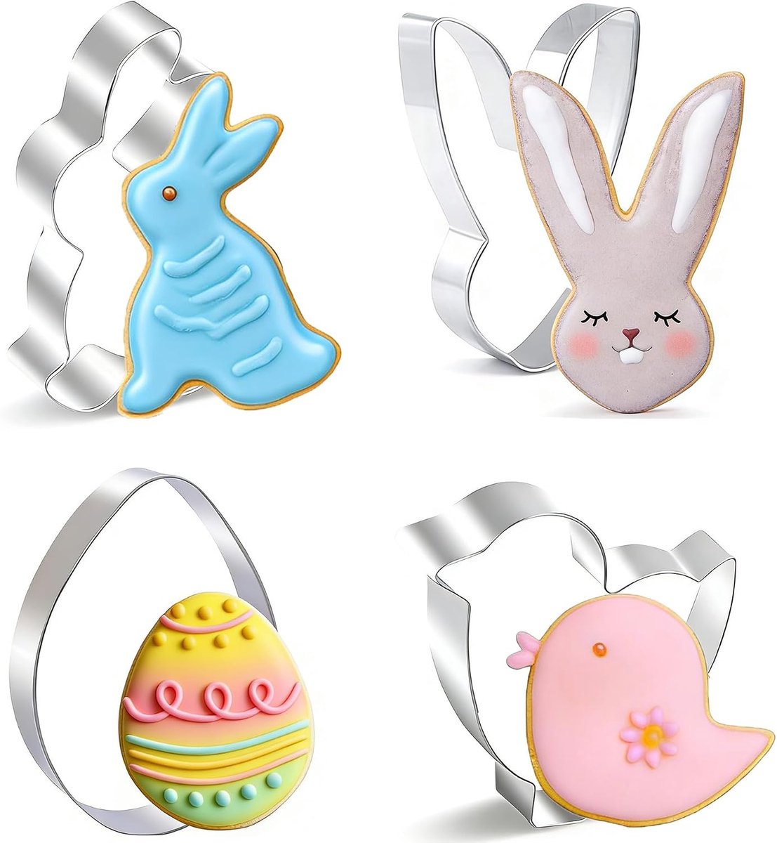 SnelShoppen - 4-delige Pasen Koekjesuitsteekset, Roestvrijstalen Koekjesvormen voor Pasen, Kippen, Konijn, Eieren, Keukenaccessoires voor Feestdagen