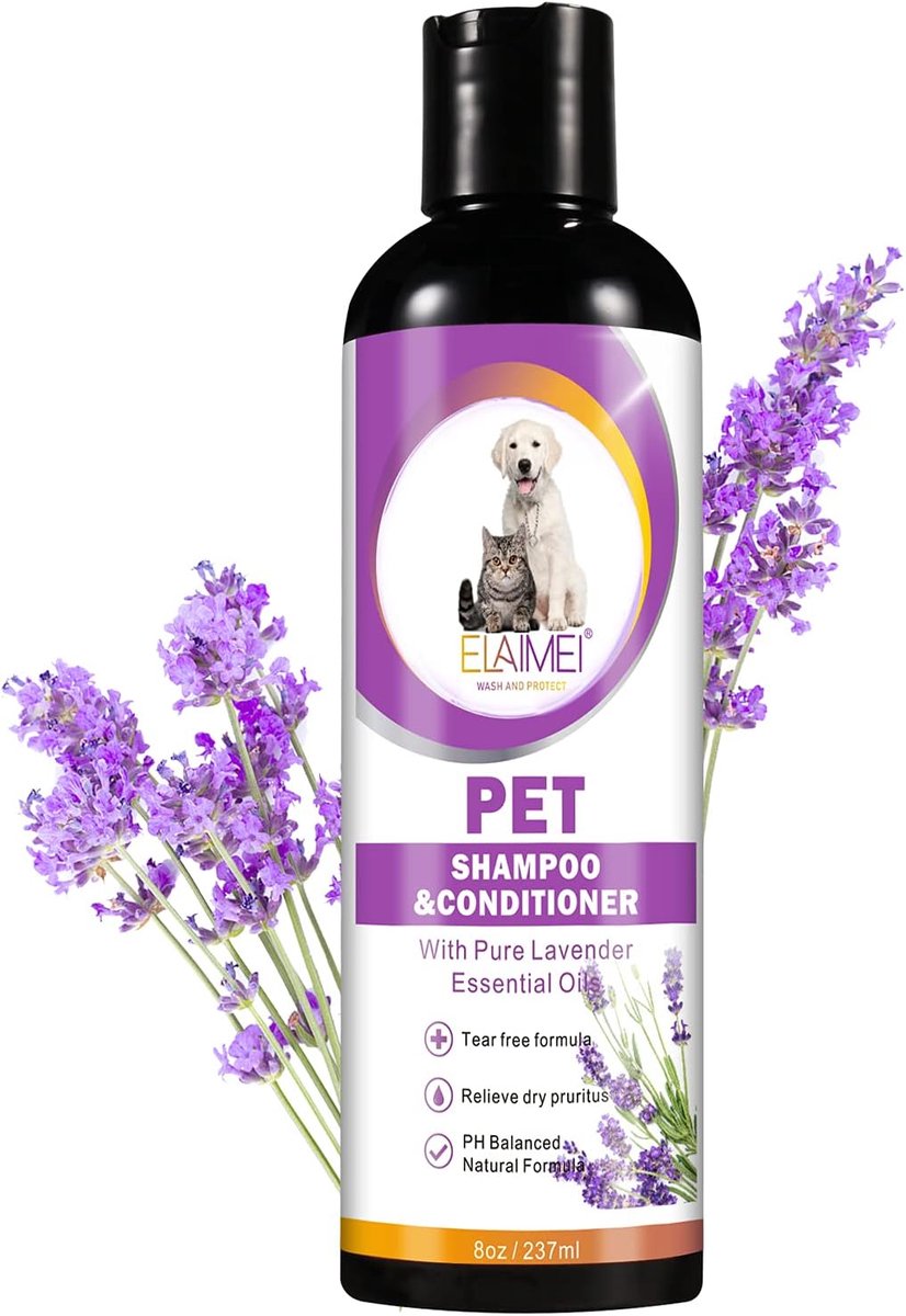 SnelShoppen - Hondenshampoo & Kattenshampoo 237 ml - Natuurlijke Verzorging tegen Jeuk en Droge Huid - Lavendel Geur - pH-neutraal & Veganistisch voor