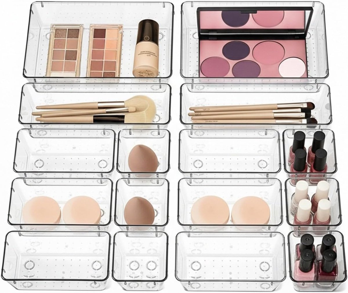 SnelShoppen - Lade-organizer Set 16 Stuks Antislip Transparante Opbergdozen voor Make-up, Keuken, Kantoor, Cosmetica, Badkamer, Commode - 4 Maten