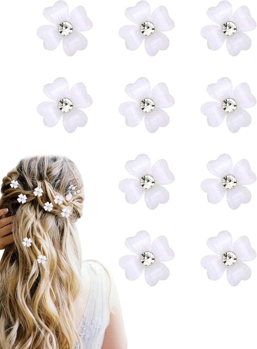 SnelShoppen - Set van 10 mini-haarspelden klaver vier bladeren wit met strass-haarsieraden haaraccessoires voor bruiloften en speciale gelegenheden
