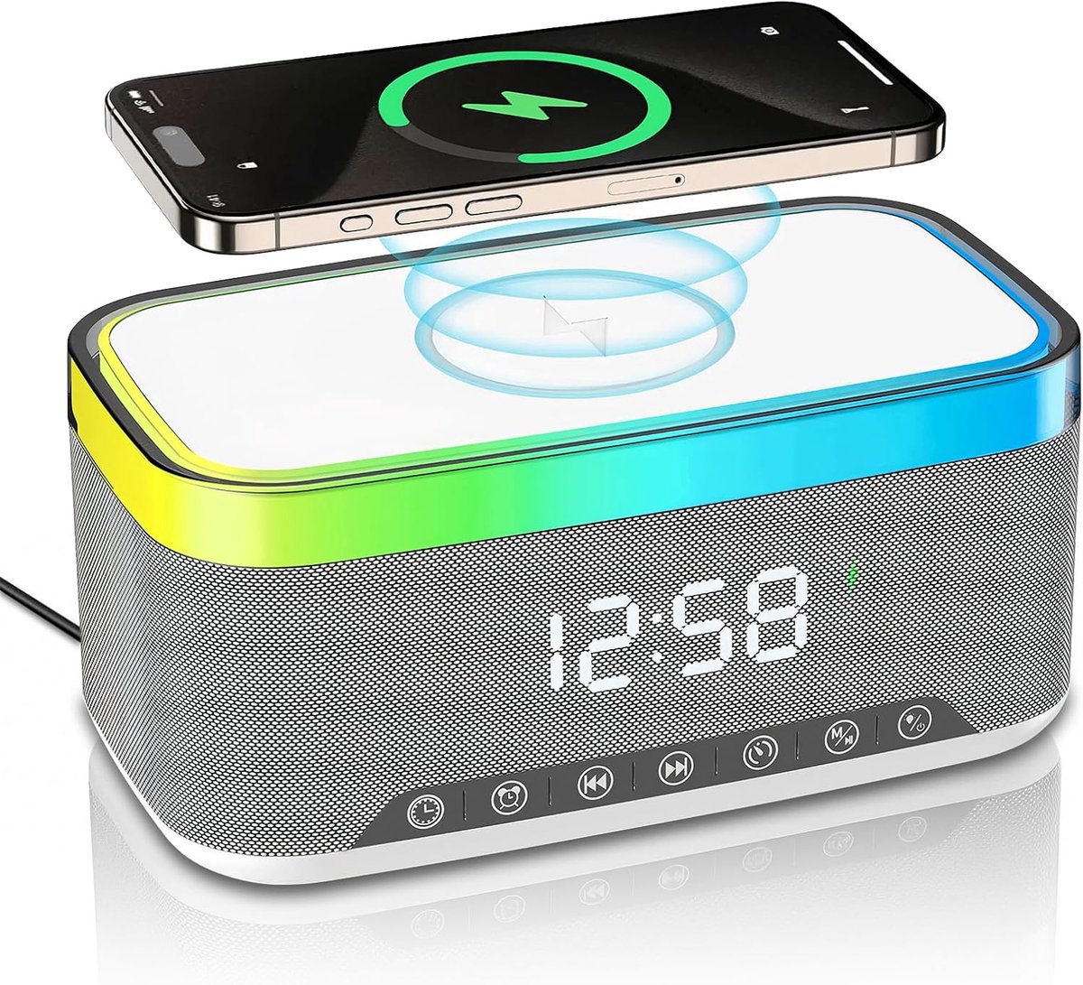 Bluetooth Speaker met Draadloos Opladen & Digitale Klok - LED Display, 15W Qi Oplaadstation - 2x10W Speakers, 6 Sfeerlampjes - BT5.3/AUX/TF/USB - voor Thuis, Bedside, Reizen - Wit - 1 Stuk