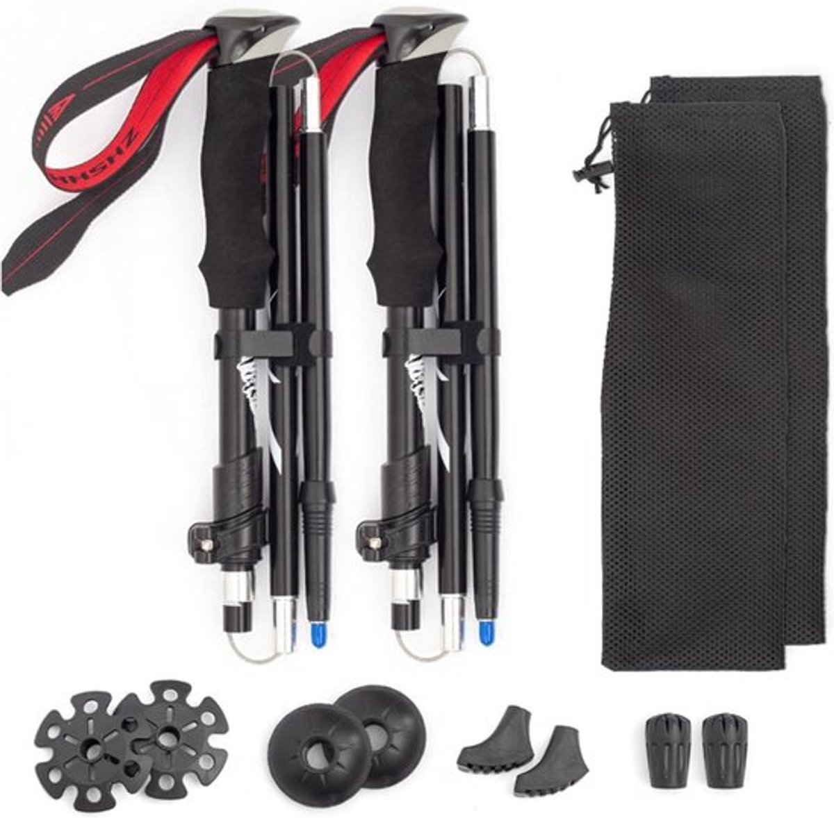Verstelbare Vouwstokken voor Wandelen, 2 Stuks, Aluminium, 110-130 cm, Inclusief 4 Paar Rubber Buffers voor Trekking en Bergwandelen