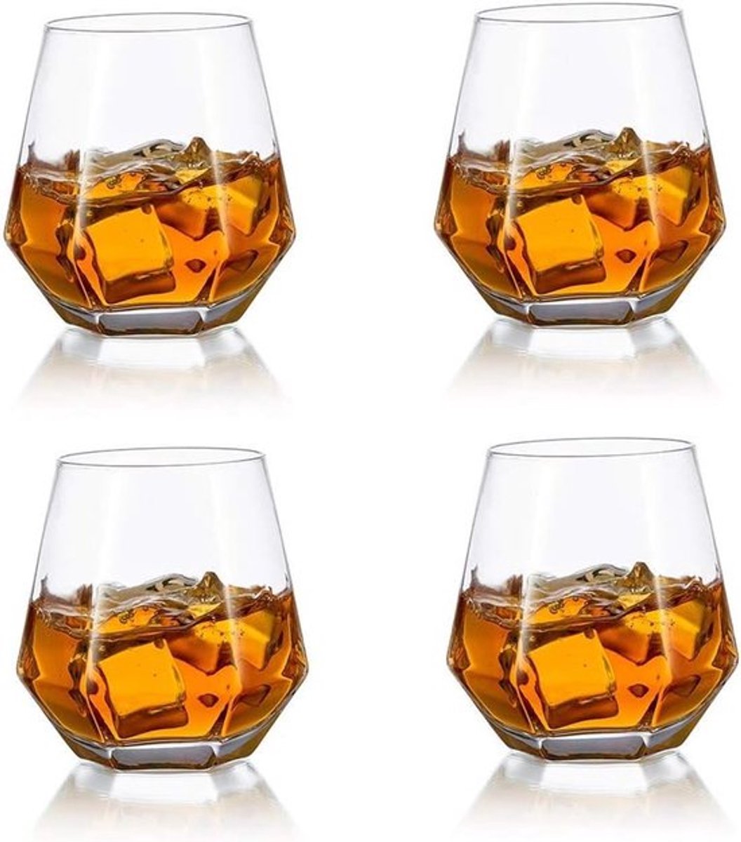 Set van 4 Diamantvormige Whiskeyglazen - Moderne Tumbler voor Water, Sap en Scotch - 300ml Glazen voor Bourbon en Rum