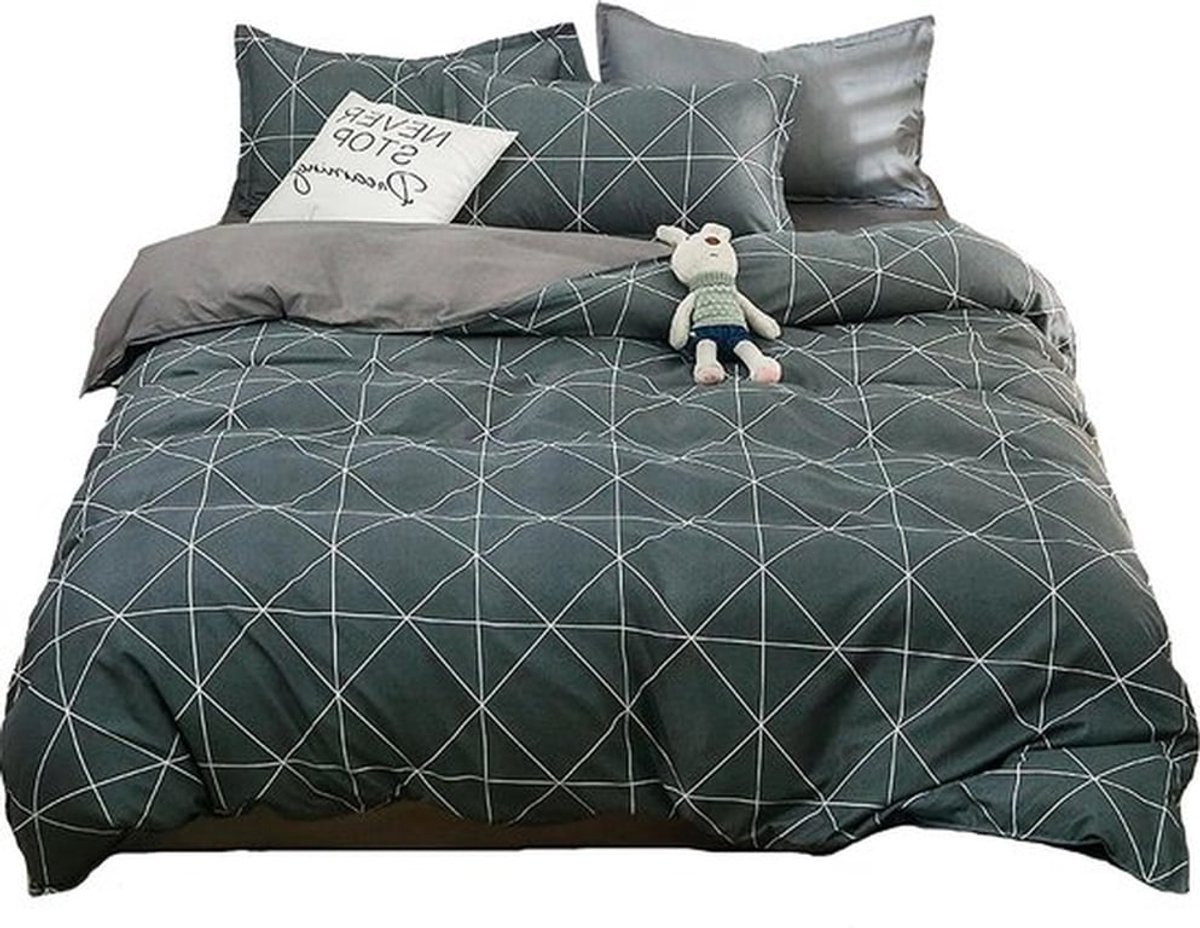 Luxe microvezel beddengoed set met rits, donkergrijze strepen, 1 dekbedovertrek 180 x 220 cm, 1 hoeslaken 230 x 230 cm en 2 kussenslopen 48 x 74 cm voor optimaal slaapcomfort
