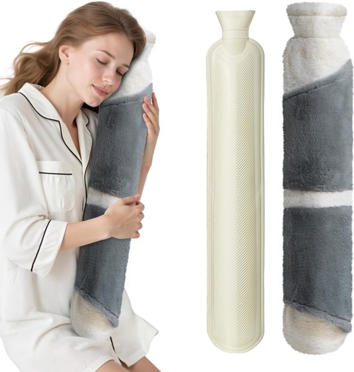 Lange warmwaterkruik van 2 liter met zachte pluizige hoes voor nek, schouders en rug, ideaal voor pijnverlichting en ontspanning