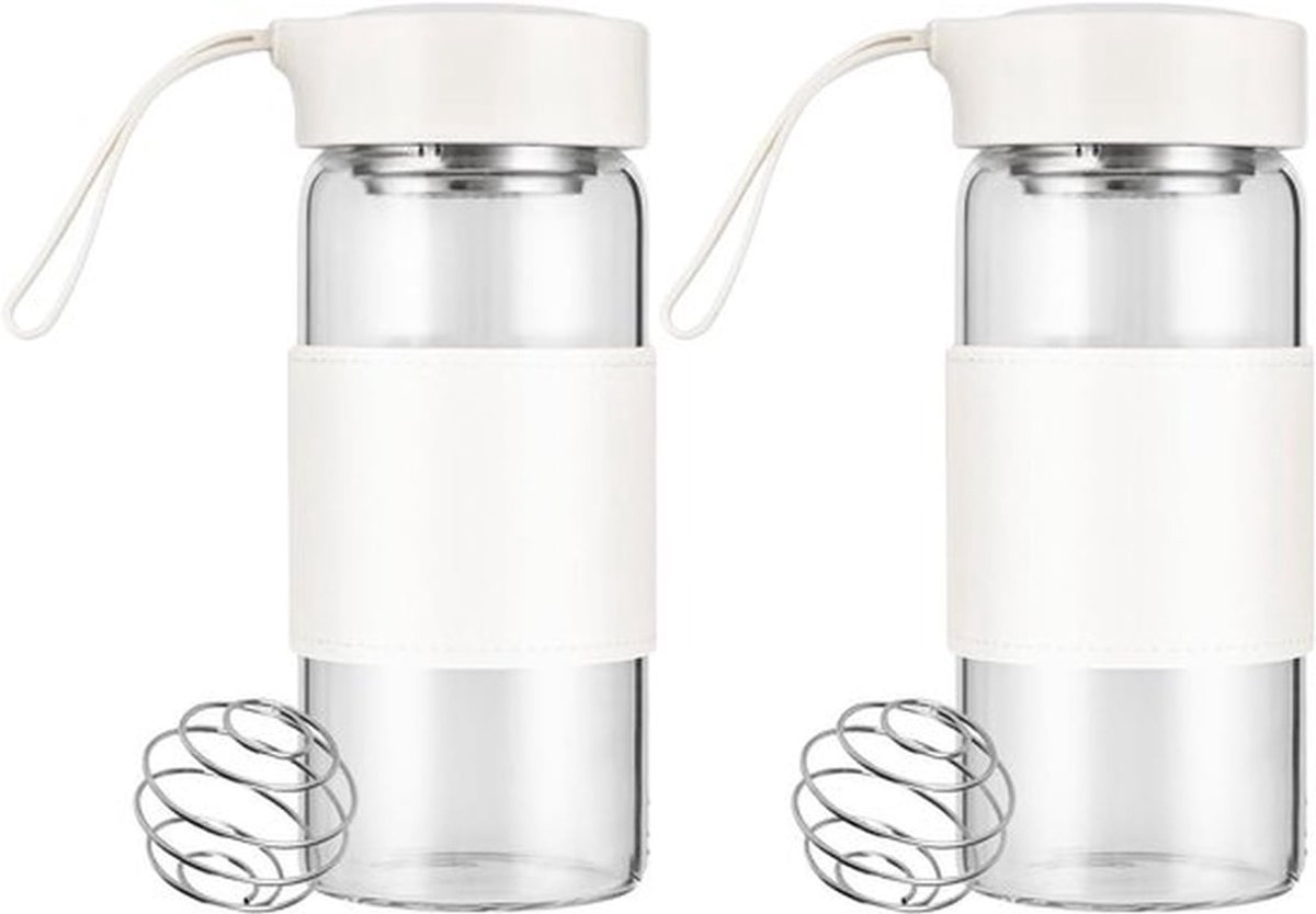 BPA-vrij Shaker Glas van 16oz met Geïntegreerde Zeef en RVS Mixbal voor Fitness en Eiwitshakes, Lekvrij (Wit - 2 Stuks)