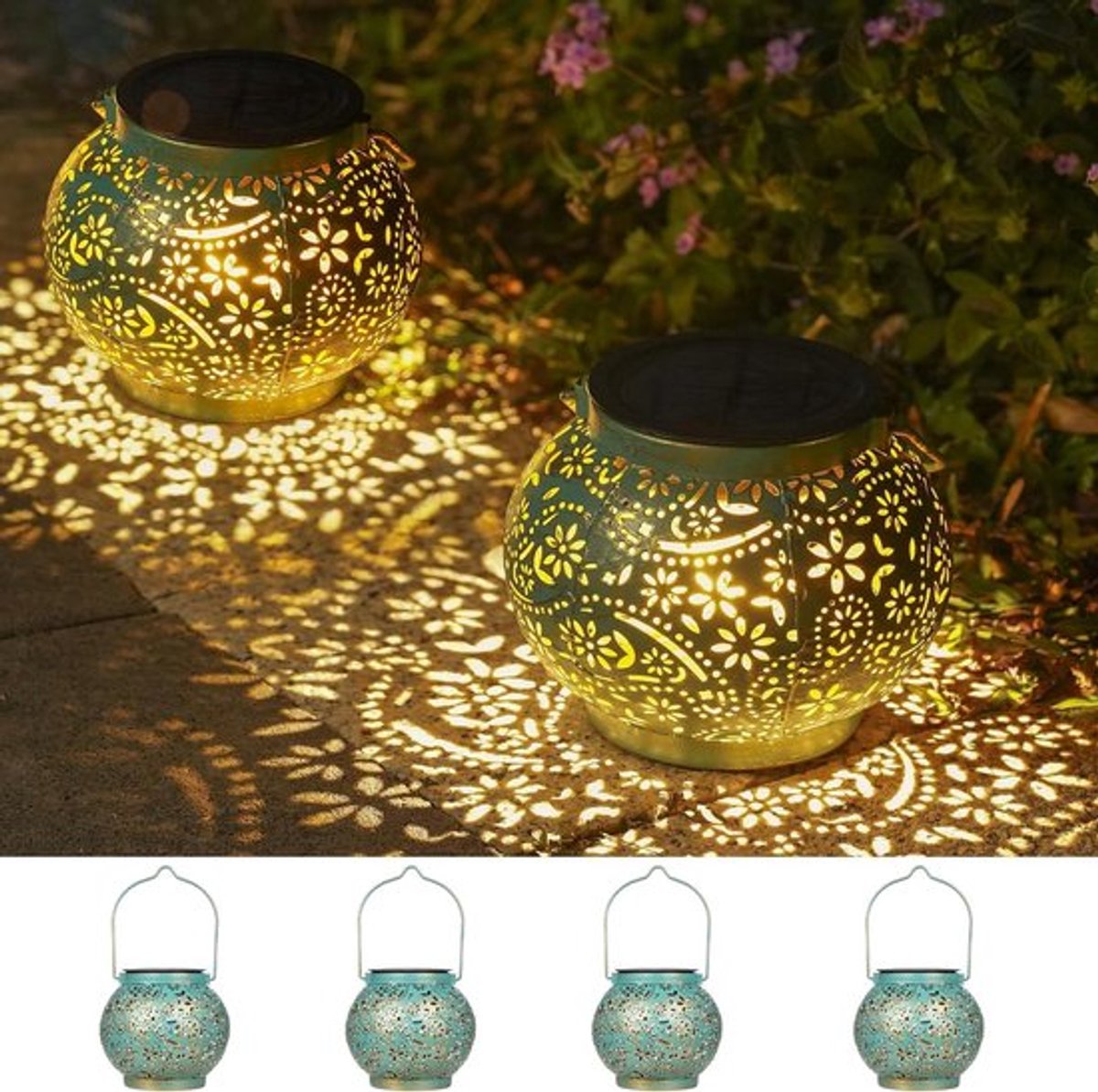 Set van 4 Weerbestendige Zonne-Lantaarns voor Buiten - Hangende LED Tuinverlichting voor Balkon en Terras Decoratie