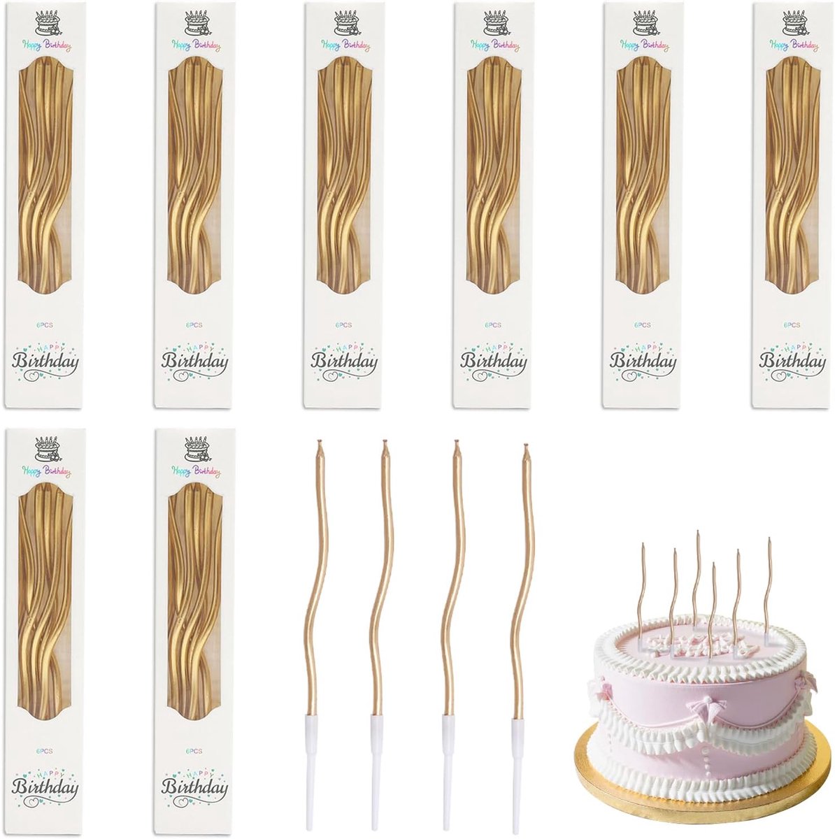 SnelShoppen - 48 Stuks Verjaardagscandles in Champagne Goud, Elegante Kaarsen met Gebogen Ontwerp, 13 cm Lange Taartkaarsen voor Feesten, Bruiloft, Ve