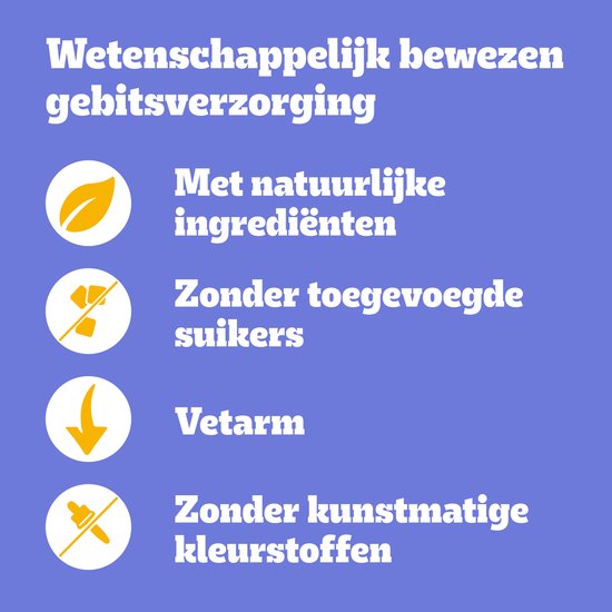Wetenschappelijk bewezen gebitsverzorging met natuurlijke ingrediënten, zonder toegevoegde suikers, vetarm en zonder kunstmatige kleurstoffen.