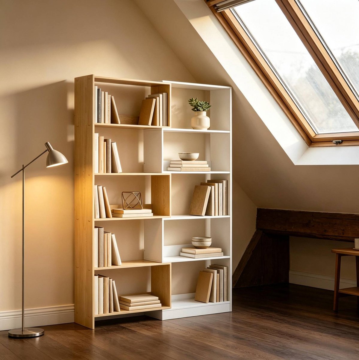 FloraGrace Boekenkast - L Vorm Open Kast Met Vijf Niveaus - Voor Hoek En Woonkamer - Spaanplaat - Naturel Hout En Wit - 111,5 X 23,8 X 163,7 Cm