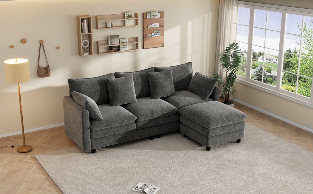 FloraGrace Hoekbank 3-Zits 212 x 150 x 90 cm - Met Verplaatsbare Chaise Longue, 4 Sierkussens & 3 Rugleuningen - Chenille - Grijs
