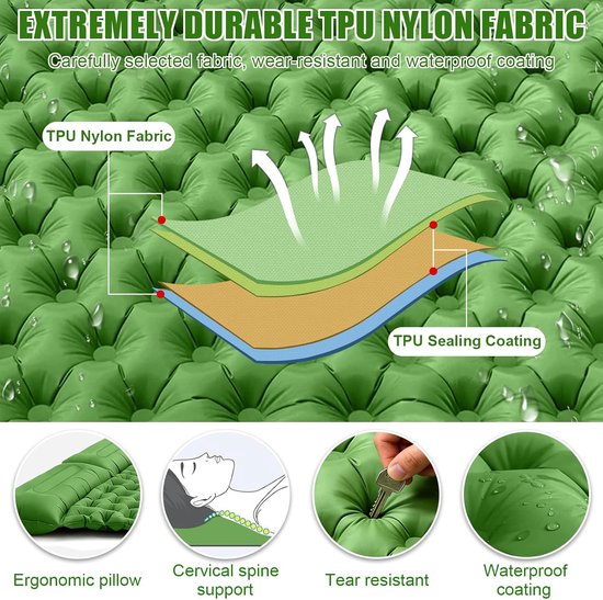Dubbele Slaapmat - Opblaasbaar Kampeermatras - Buiten Ontspannen - Ingebouwde Voetpomp - 200x125cm - Groen — afbeelding 5