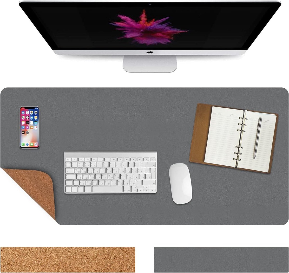 Multifunctionele Bureau Mat 60 x 30 cm, Waterdicht PU Leer, Dubbelzijdig en Antislip, Ideaal voor Kantoor of Thuisgebruik (Grijs)