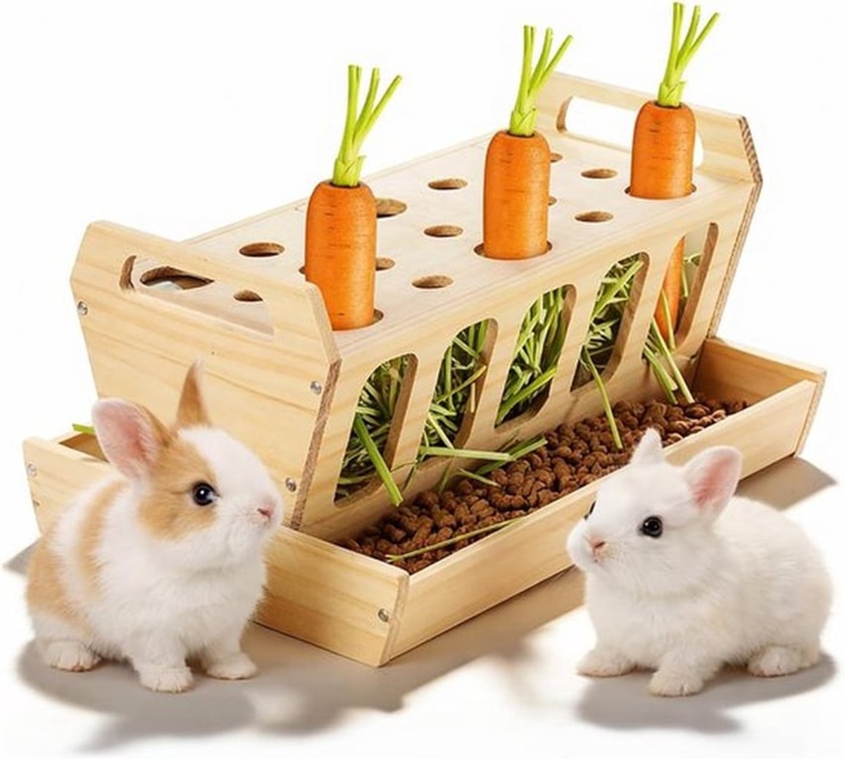 Houten Hooi Voederstation voor Konijnen en Cavia's, 30 x 20.5 x 18 cm, Met Wortelhouder en Grote Capaciteit