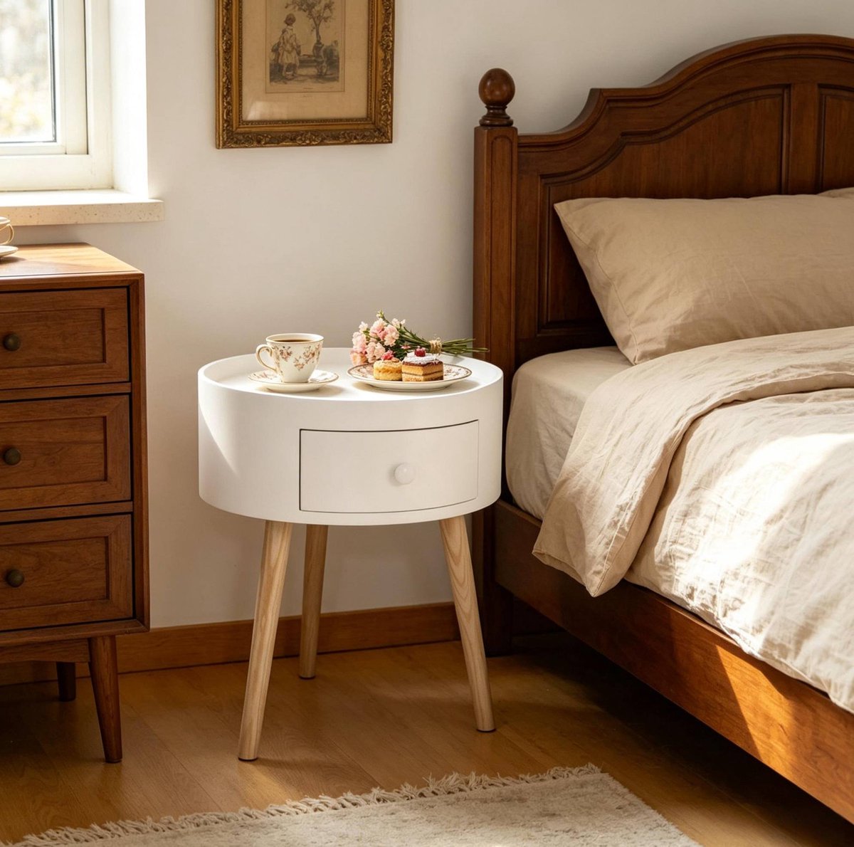 FloraGrace Bedtafel Rond Met Lade En Opstaande Rand - Scandinavisch Design Voor Slaapkamer En Logeerkamer - Wit En Hout - 38 Cm