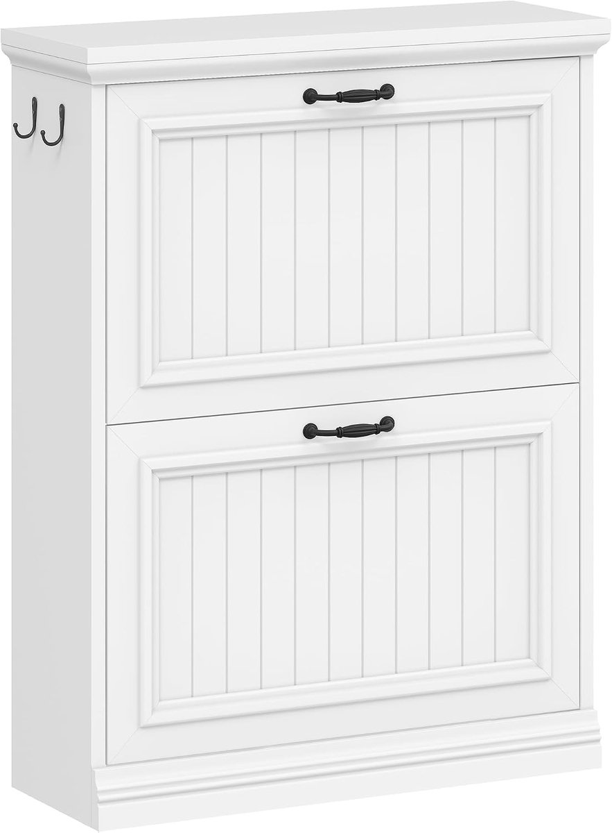 HILINSIE Smalle schoenenkast met 2 deuren, klassieke stijl, 10-12 paar schoenen, schoenenkast met houtlook, smal schoenenrek, verstelbare tussenschotten, schoenenopbergkast voor hal, entree, wit