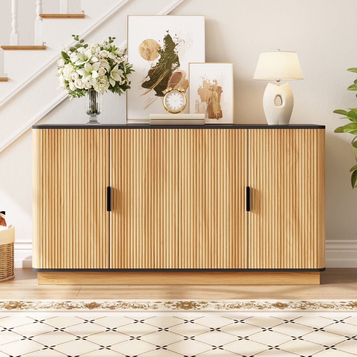 VVBV Dressoir - 139 x 40 x 75 cm, Naturel, met 4 Deuren, Reliëffronten, Spaanplaat & Metaal, Veel Opbergruimte