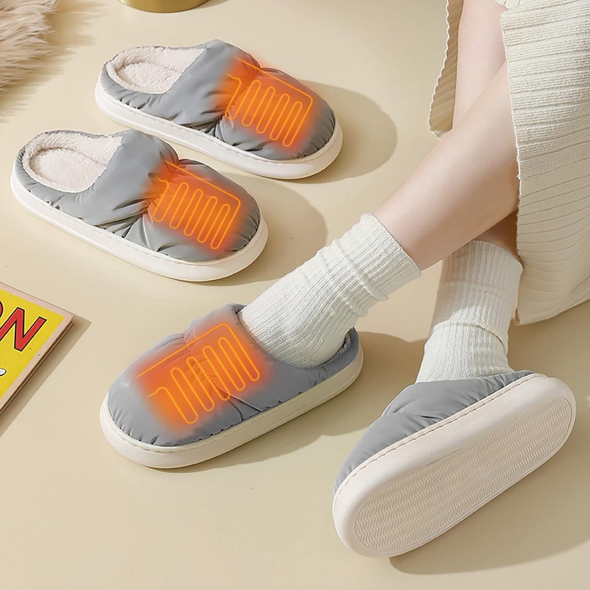 Verwarmde Pantoffels - Schoenen Verwarming - Warme Voeten - Usb Verwarming - Draagbaar - Grijs — cadeau in Mode & Accessoires - foto 2