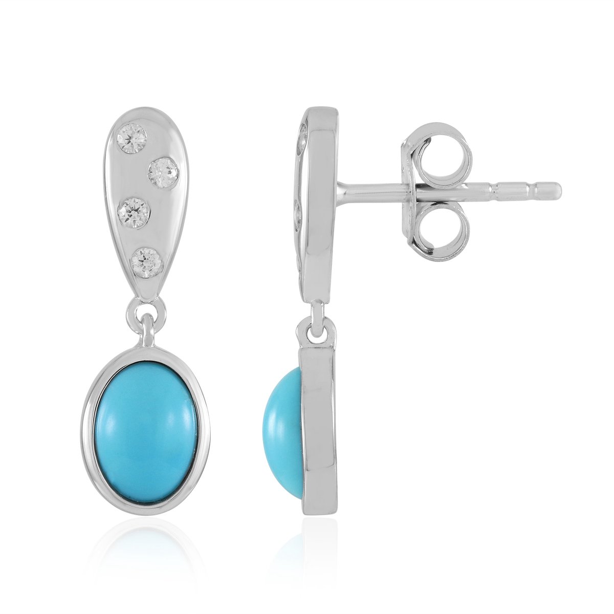 Cavill - Elegante Zilveren Oorbellen 925 Sterling - Platina Geplateerd - Sleeping Beauty Turkoois 1,62 ct Ovaal Cabochon - Druppelvorm