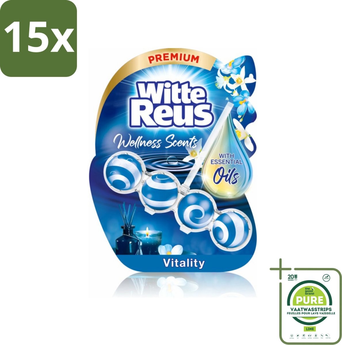 15 x Witte Reus - Wellness Scents Toiletblok - Vitality - 1 Toiletblok - Grootverpakking - Toiletblok - Geur - Reiniging - Essentiële Oliën - Wellness