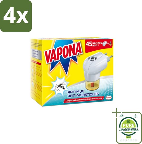 Vapona anti-muggenstekker, 4 stuks, met 45 nachten bescherming.