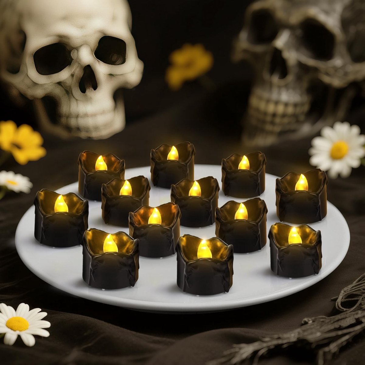 LED-Theelichtjes - Zwart - 12 Stuks - Vlamloze Kaarsen met Flikkerende Vlam - Voor Feestdecoratie en Halloween