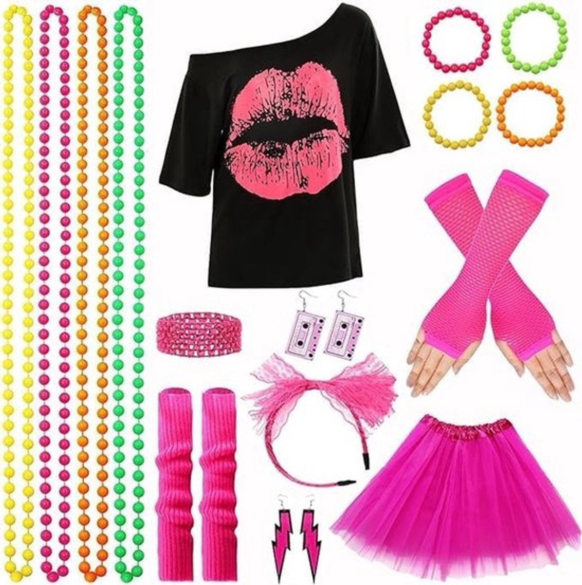 80s kostuumset voor vrouwen met accessoires voor carnaval en themafeesten uit de jaren 80 en 90