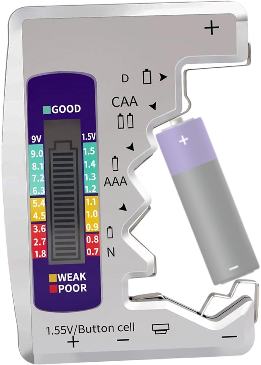 Batterijtester - Zwart - 6,5 x 1,4 x 9,2 cm - Digitale Tester zonder Batterijvoeding - Voor Alle Batterijtypes