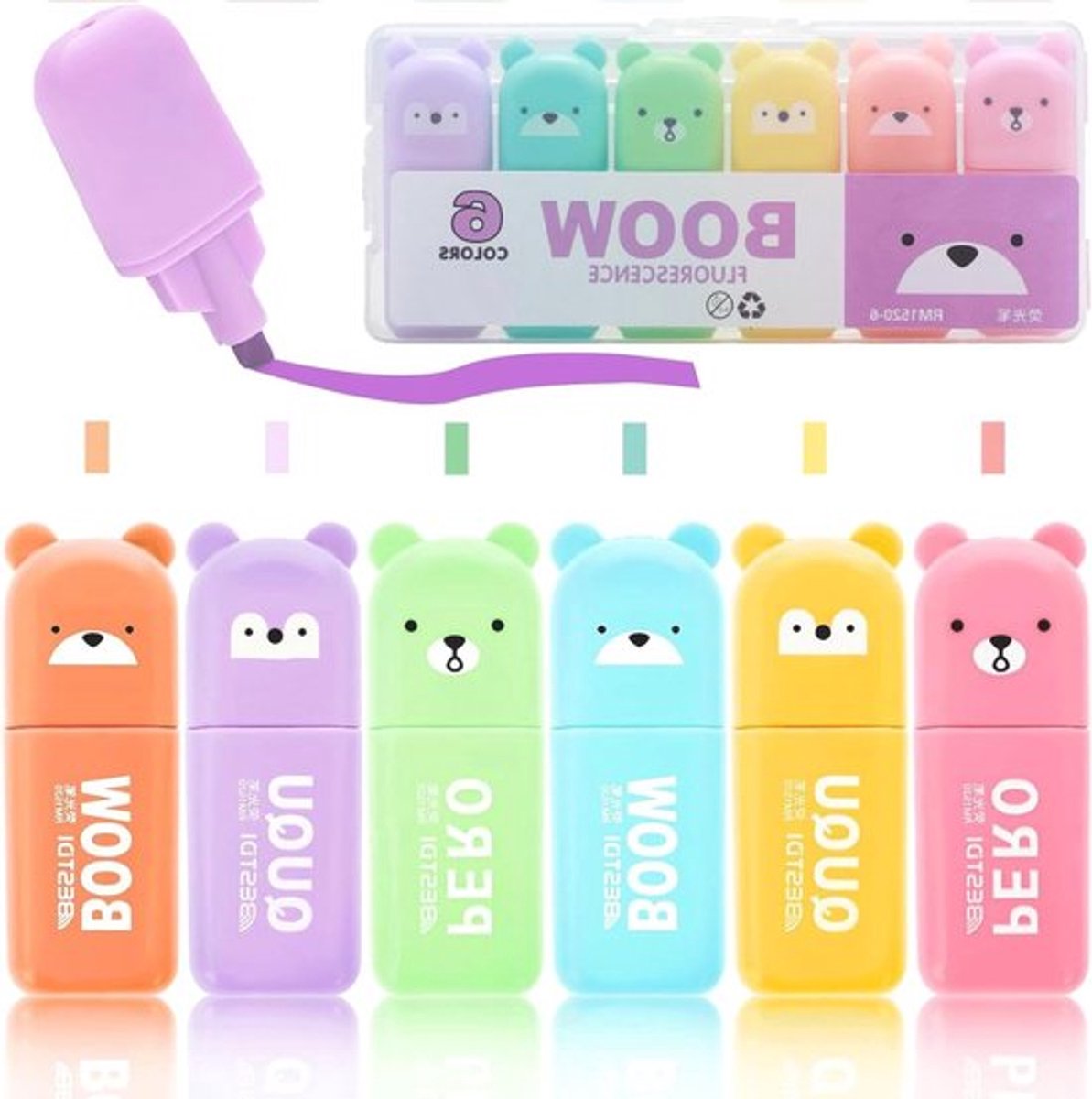 Set van 6 Kleurige Hooglighters in Berenvorm voor Fijne en Dikke Lijnen - Perfect voor School, Feestjes en Dagelijks Gebruik