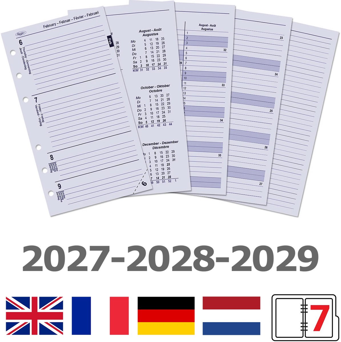 Kalpa 6216-27-28-29 170 x 95 mm Personal Agendaplanner Vulling Papier EN DE FR NL 2027 2028 2029