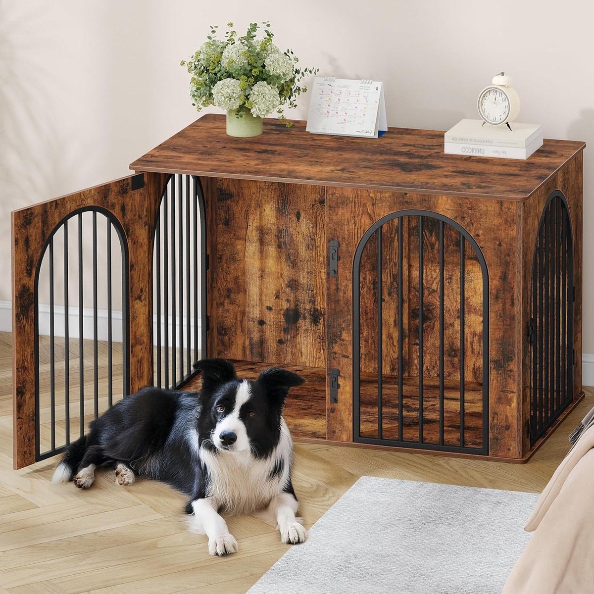 Hondenbench Meubel - Hondenbox Binnen - Veilig Huisdier - Unieke Boogdeur - 108 cm - Vintage Bruin