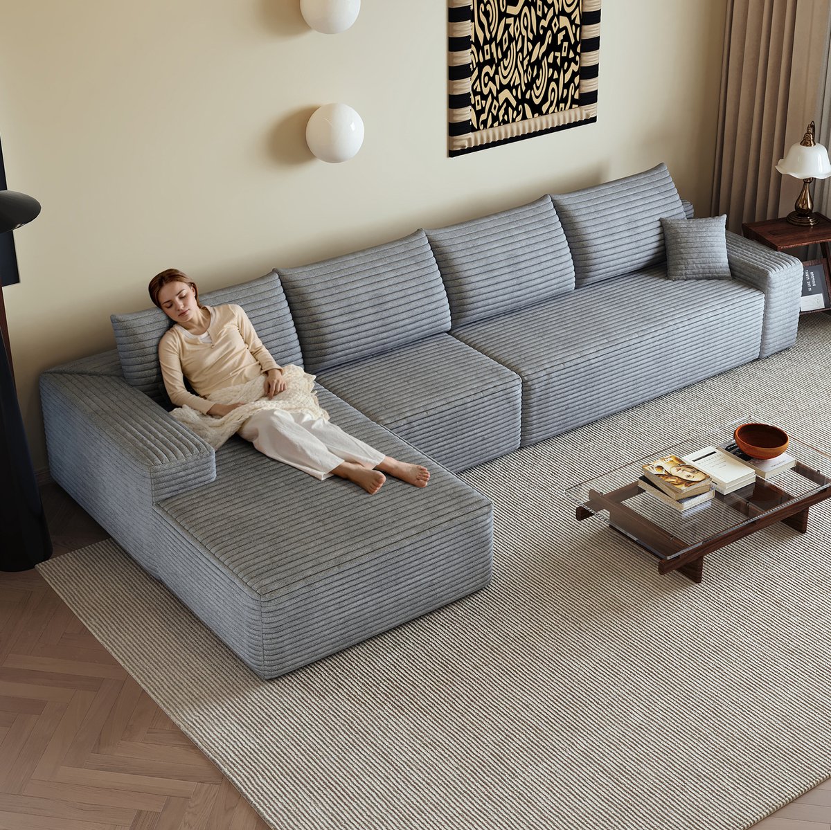 MEUNIQ Hoekbank 340 cm, modulaire L-vormige chaise longue, 4-zits, grijs corduroy, zonder montage, voor woonkamer en slaapkamer