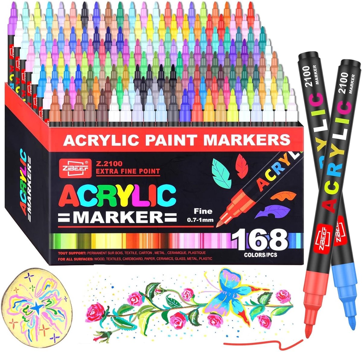 Acrylstiften Set - Multicolor - 168 Stuks - Vervangbare Punt - Voor Kunst en DIY Projects