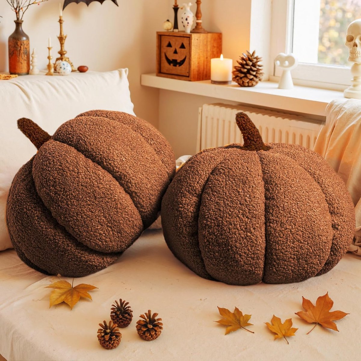 SnelShoppen - Set van 2 Herfst Pompoen Kussens Halloween Decoratie, Zachte Fleece Sherpa 3D Kussens voor Sofa Slaapkamer, 36x26cm Bruin voor Thanksgiv