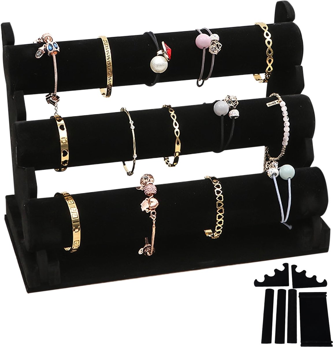 SnelShoppen - Fluwelen Armbandstandaard met 3 Afneembare Etages - Zwarte Sieradenhouder voor Armbanden, Halskettingen en Oorbellen - Perfect voor Vrou
