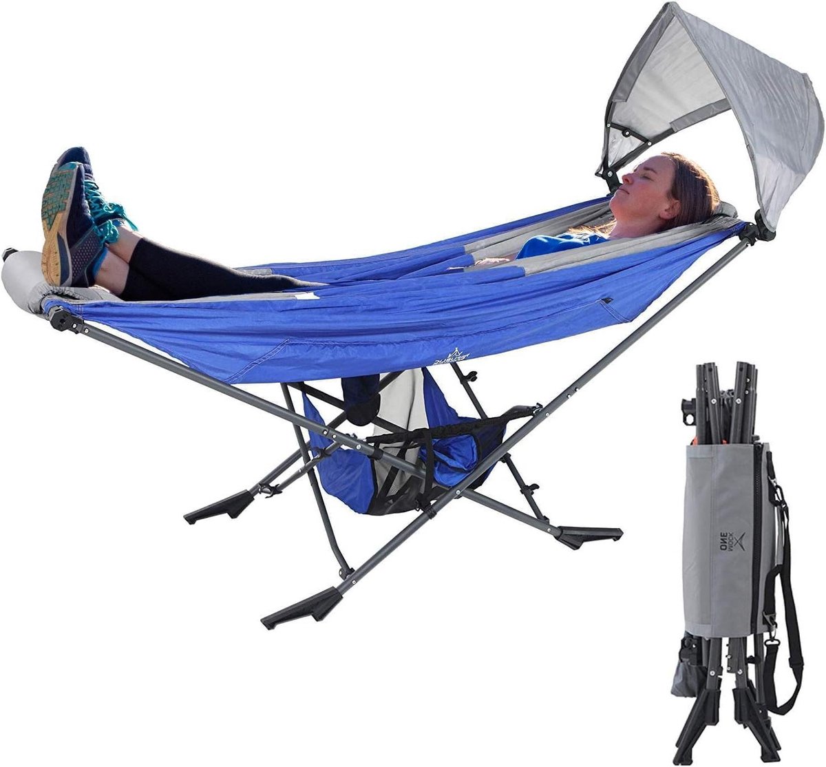 Draagbare Hangmat - Opvouwbare Lounger - Buiten Ontspannen - Met Verstelbaar Zonnedak - 168 x 63.5 cm - Blauw