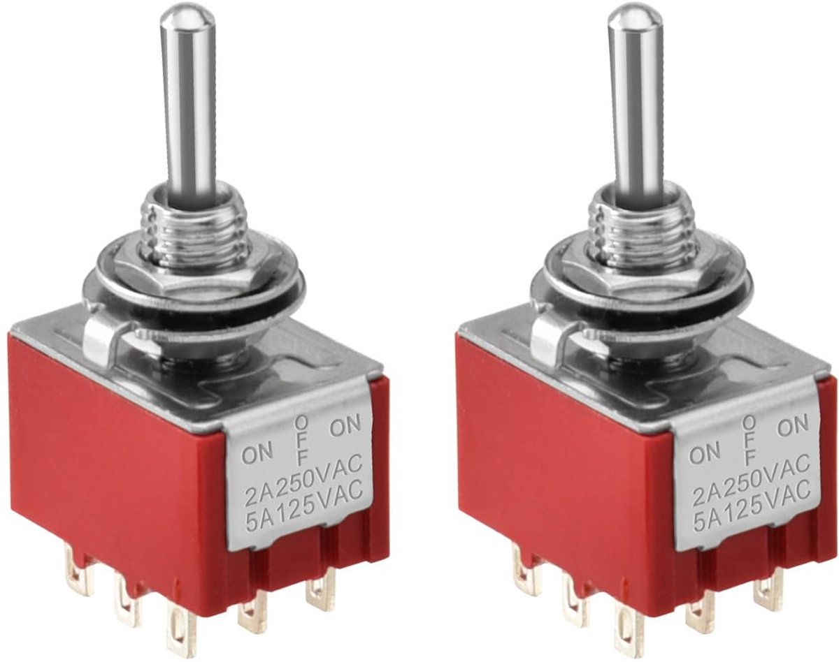 SnelShoppen - Set van 2 Miniatuur Rocker Schakelaars MTS-303 ON-OFF-ON 3PDT 9-polig 2A 250V voor Elektrische Toepassingen, 5.8mm Montagegat