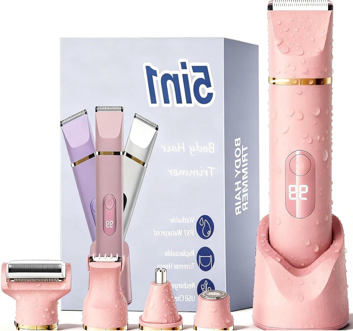 Dames Scheerapparaat - Intiem Trimmer - Algehele Lichaamsverzorging - 5-in-1 Systeem - USB Oplaadbaar - Roze