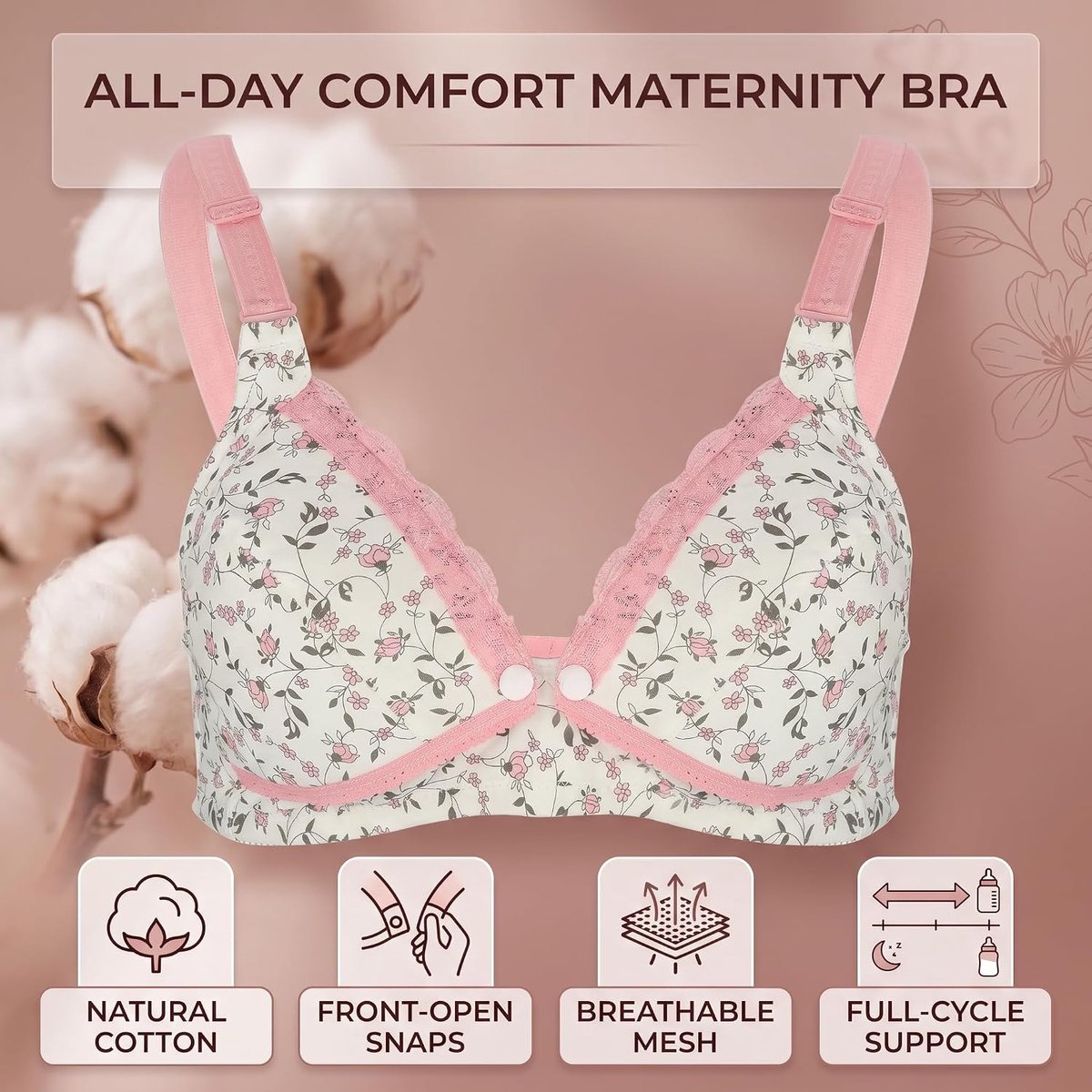 Zerodis Nursing Bra Floral Lace Cotton Open Front Without Steel Rings 40/90 Pink Comfortable for Pregnant Women - ShopVlot