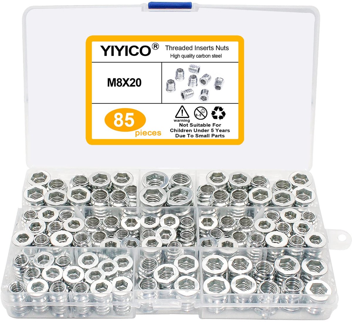SnelShoppen - Schroefdraadmoeren M8 x 20, 85 Stuks, Schroef-In Sleeves, Hex Moeren Set van Gegalvaniseerd Staal voor Houten Meubels, Meubelmontage, Do