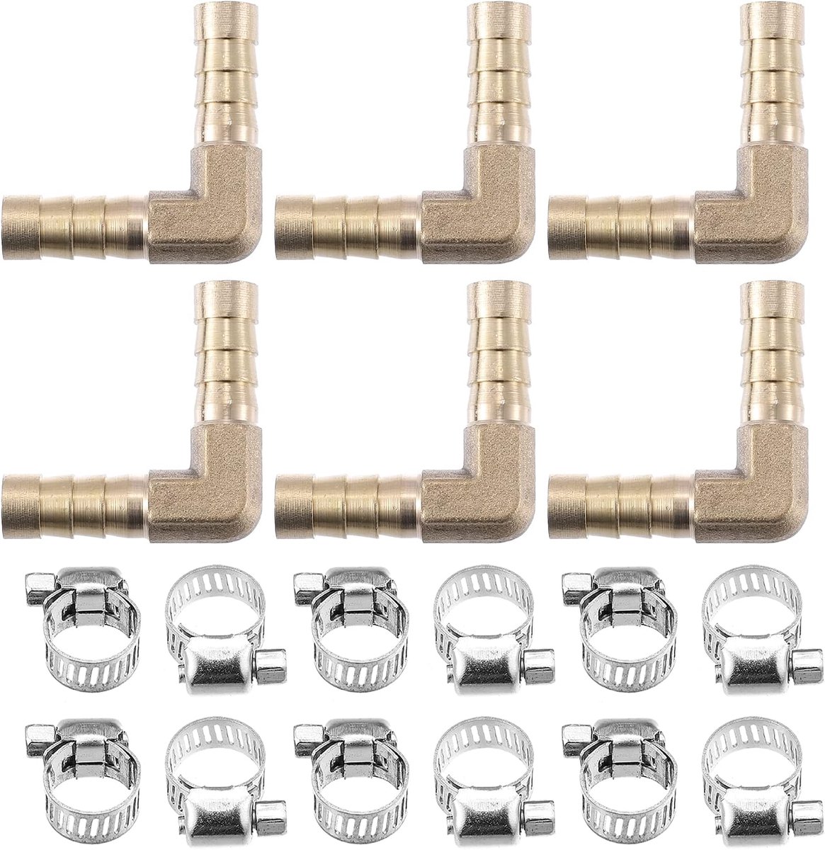 SnelShoppen - 6Set 8mm L-Vormige Slangfitting Messing Slangconnector met Klem - Voor Motoren, Auto's en Vrachtwagens - Corrosiebestendig, Gouden Tint,