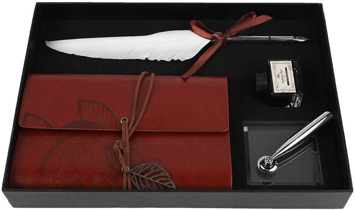 SnelShoppen - Retro Leren Notitieboek met Vulpen en Inkt, Dipped Veerpen Set voor Calligrafie, Leren Notitieboek met Veerkwast (Wit)