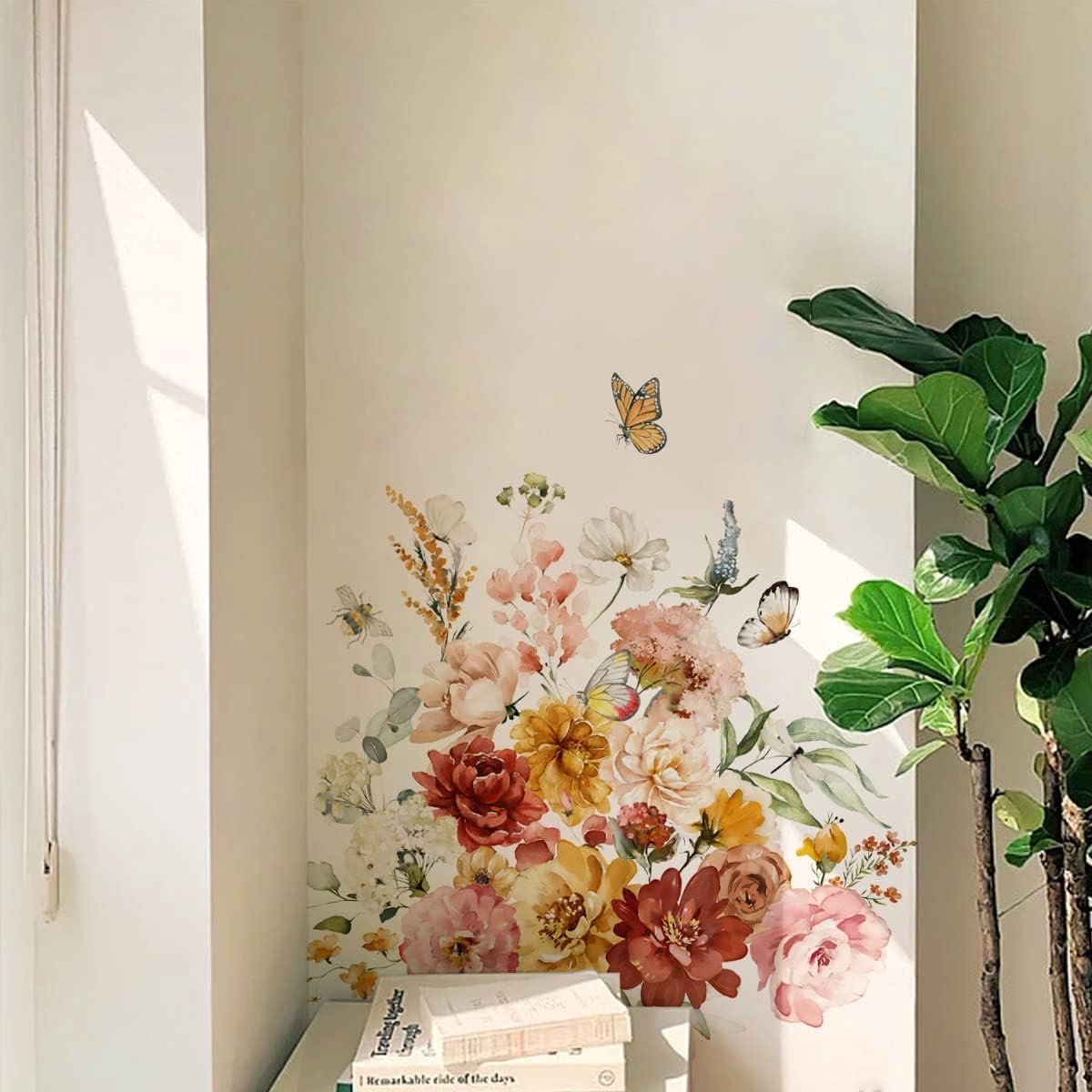 Muurstickers bloemen - waterverf stijl - met vlinders - eenvoudig aan te brengen - ShopVlot