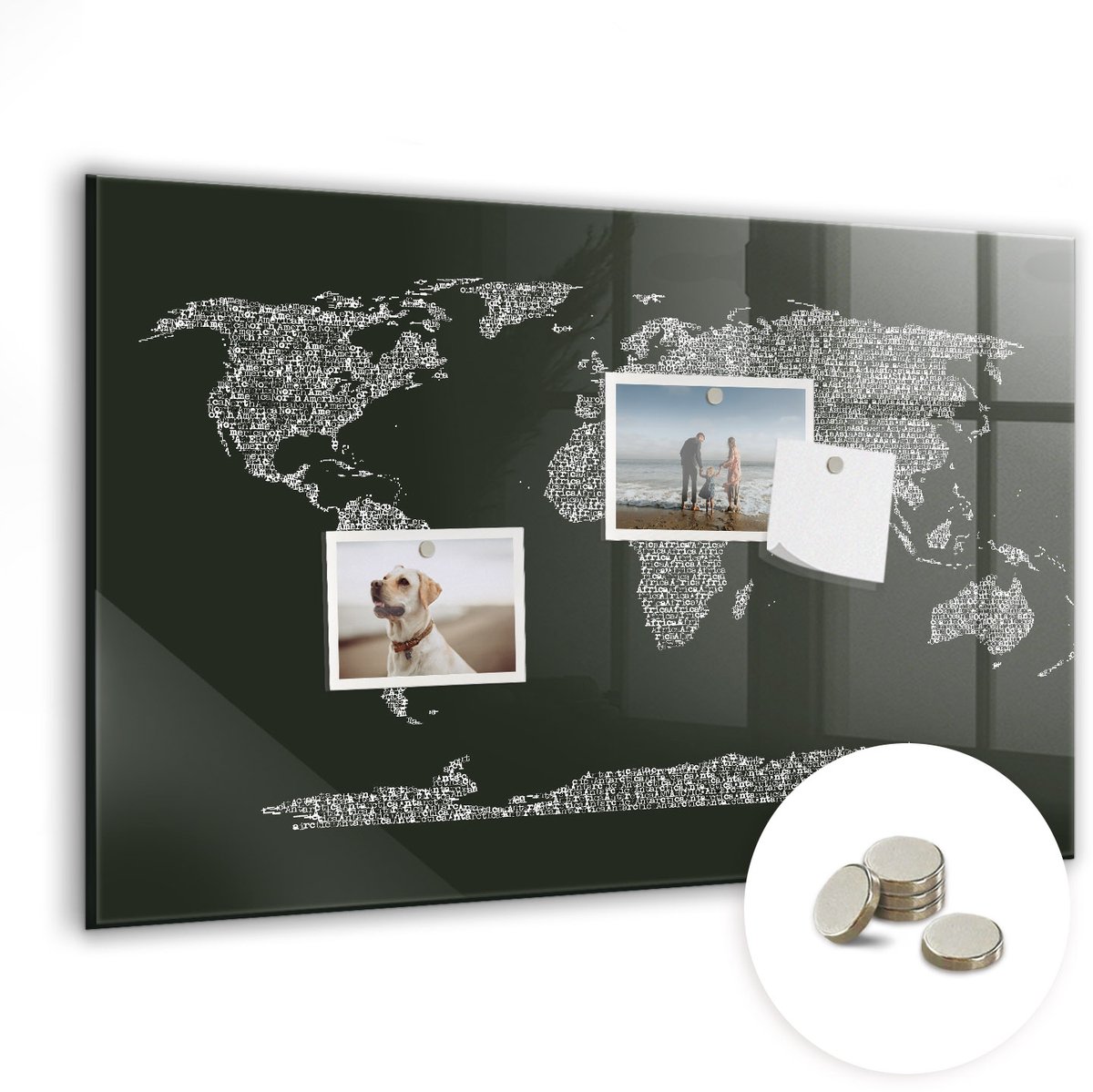 Coloray Glazen Magneetbord - Magnetisch Bord Namen van de continenten - 60x40 cm - Grijs Magneetbord - Magnetic Board - Magneetbord Design