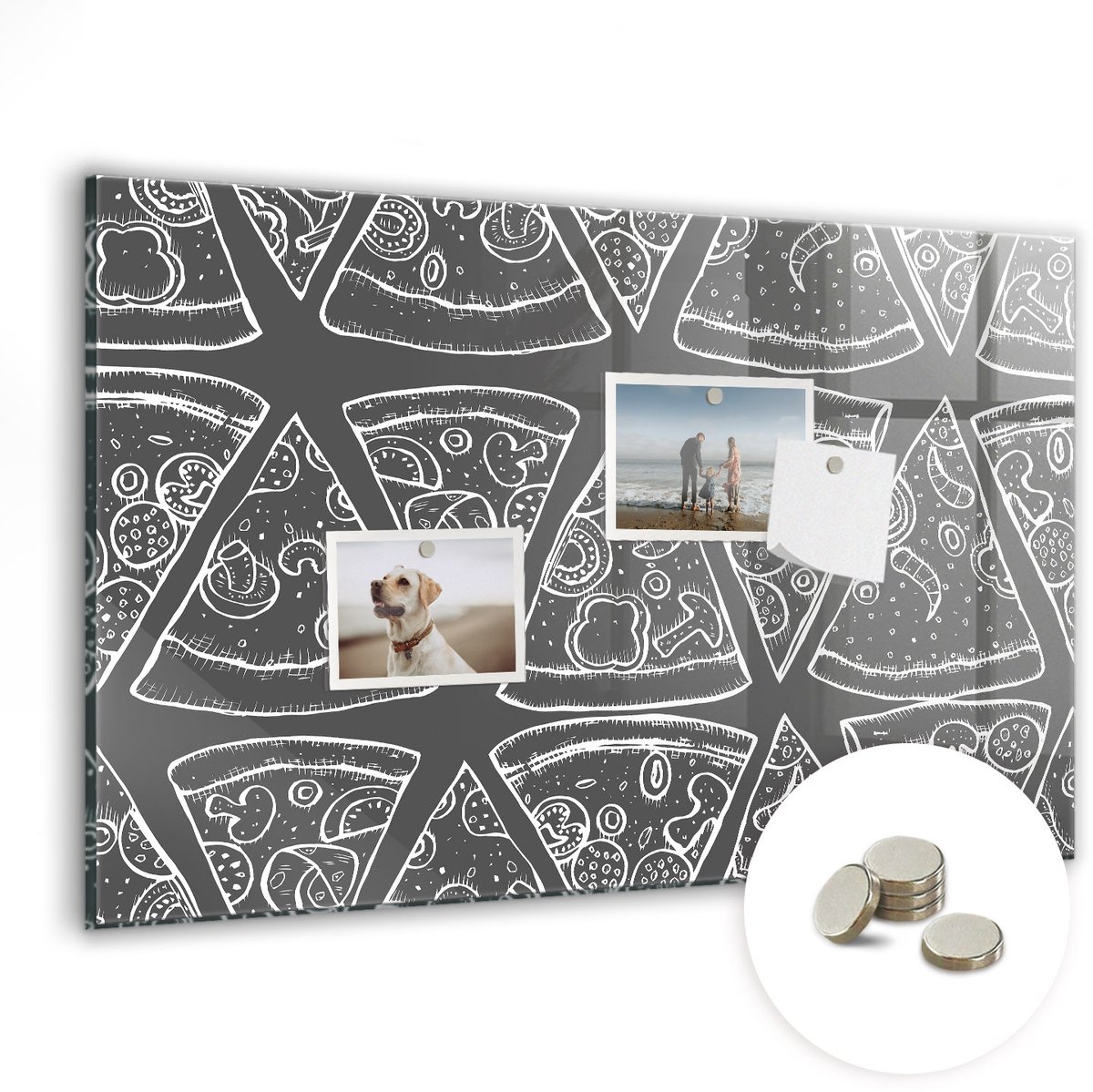 Coloray Glazen Magneetbord - Magnetisch Bord Beschilderde pizza - 60x40 cm - Zwart-wit Magneetbord - Magnetic Board - Keuken Decoratie