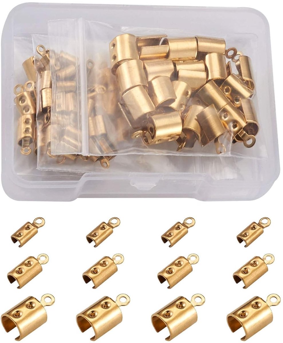 60 Stuks RVS Flip Down Crimp Cord Ends in 3 Maten voor Leer en Sieraden Reparatie, Goudkleurig Sluitingen