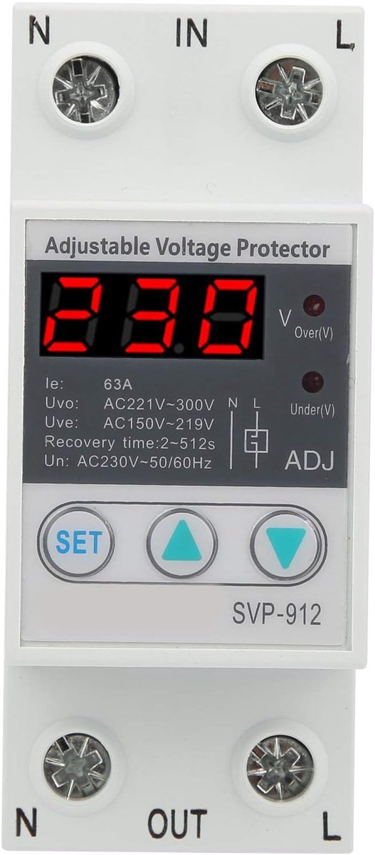 SnelShoppen - Voltage Bescherming 230 V OnderVoltage Beveiliging Instelbare Herstel Beveiligingsrelais Voltmeter SVP‑912 Voor DIN Rail (63A)