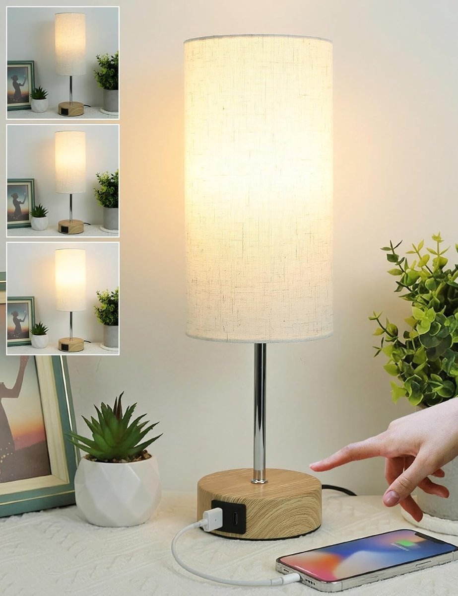 Nachtlampje - Beige - - Dimbare Tafellamp met USB A+C Oplaadfunctie - Voor Slaapkamer en Woonkamer