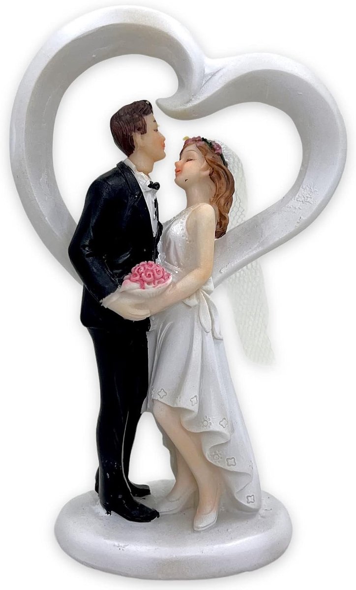 SnelShoppen - Handgeschilderde Bruidspaar Taarttopper, Polyhars Huwelijksfiguren Kussen met Hart, Decoratie voor Bruiloft en Tafel, Unieke Cake Topper