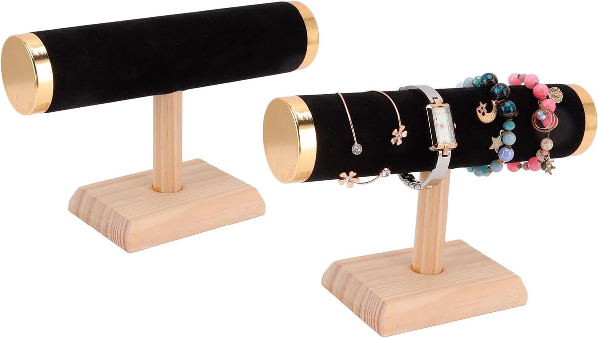 SnelShoppen - T Bar Armband Display Stand - 23cm Armband en Halsketting Houder - Sieraden Organizer van Hoogwaardige Faux Leren Stof - Zwart - 2 Stuks